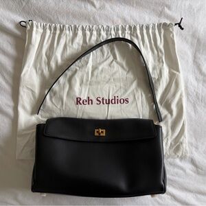 Black Leather Shoulder Bag with Gold Turn-Lock